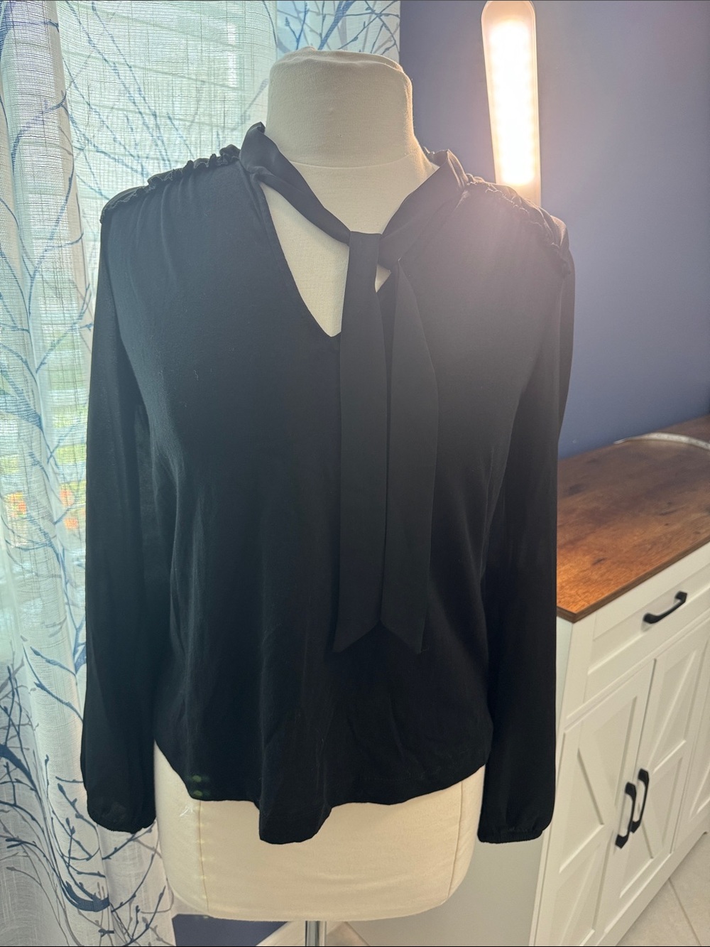 Loft - Womens Black Tie-Neck Long Sleeve Top